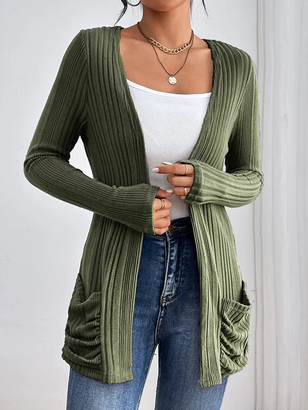 Damen Gerippter Langcardigan mit offener Front, Eingrifftaschen und legerer Passform Drune