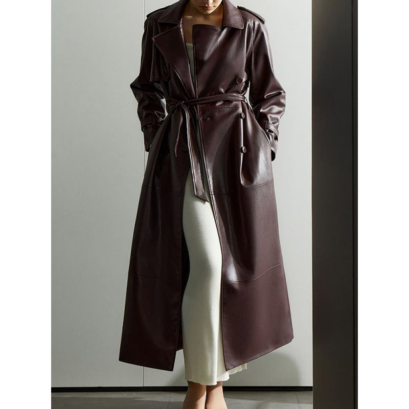 Damen modischer Kunstleder-Trenchcoat mit Gürtel und praktischen Taschen Drune