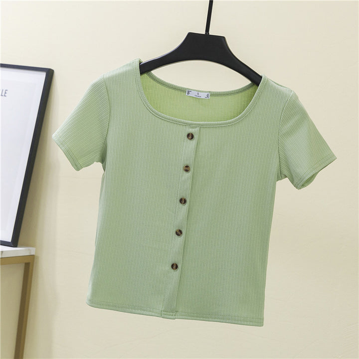 Damen Kurzarmshirt mit dekorativer Knopfleiste und modernem Rippenstrick Drune