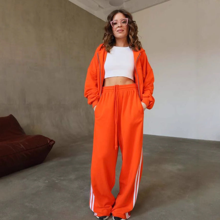 Damen lässiger Freizeit-Jogginganzug mit cropped Sweatjacke und weiten Hosen Drune