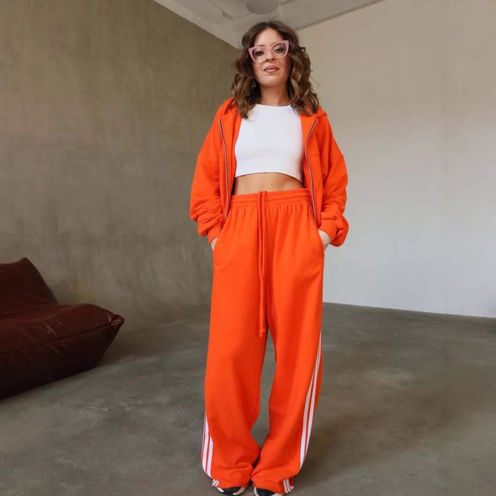 Damen lässiger Freizeit-Jogginganzug mit cropped Sweatjacke und weiten Hosen Drune