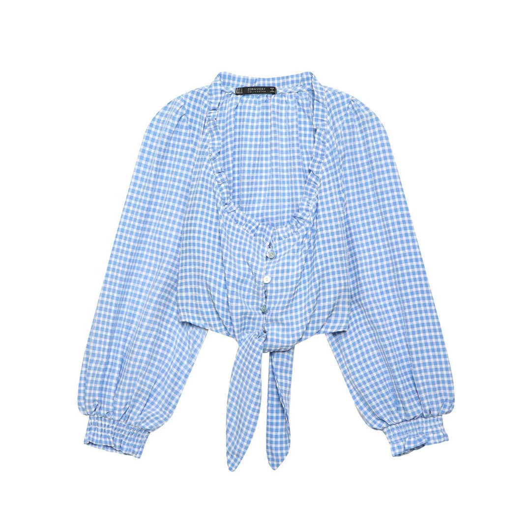 Damen Cropped-Bindeshirt mit Vichy-Karo, Rüschensaum und Ballonärmeln Drune