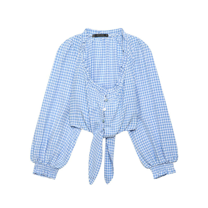 Damen Cropped-Bindeshirt mit Vichy-Karo, Rüschensaum und Ballonärmeln Drune
