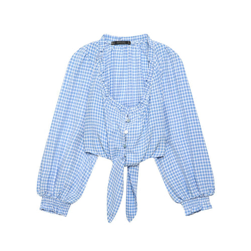 Damen Cropped-Bindeshirt mit Vichy-Karo, Rüschensaum und Ballonärmeln Drune