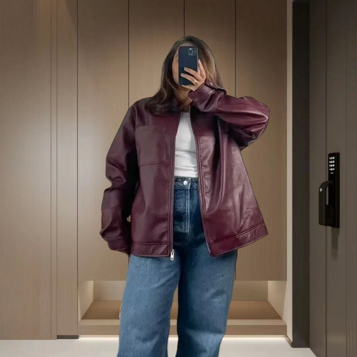 Damen Kunstlederjacke mit praktischen Taschen und elastischem Bund Drune