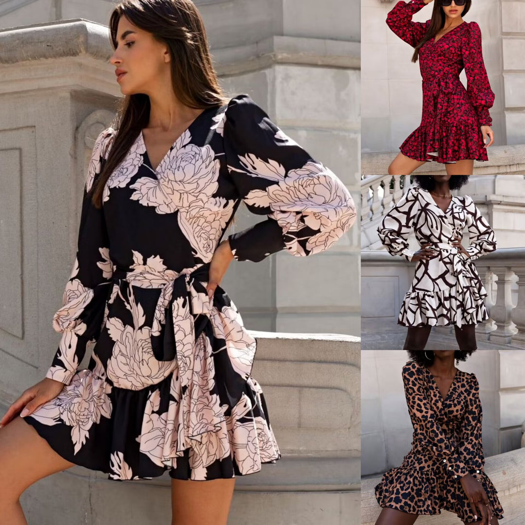 Damen nan Wickelkleid mit Leopardenmuster, V-Ausschnitt, geraffter Taillenpartie und mehrlagigem Stufenrock Drune