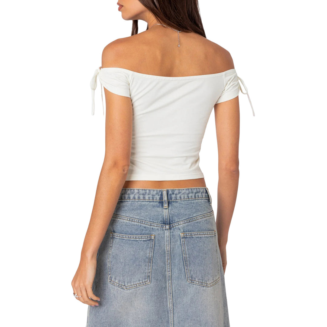 Damen raffiniertes Off-Shoulder T-Shirt mit eleganten Bindebändern Drune
