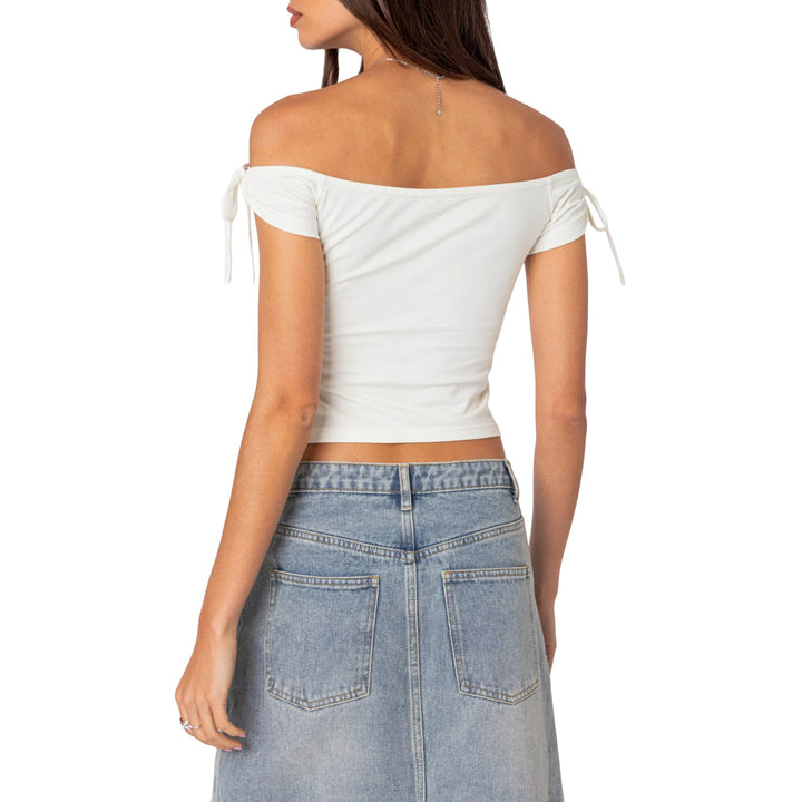Damen raffiniertes Off-Shoulder T-Shirt mit eleganten Bindebändern Drune