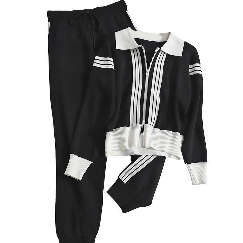 Damen modisches Strick-Loungewear-Set mit Reißverschluss und sportlichen Details Drune