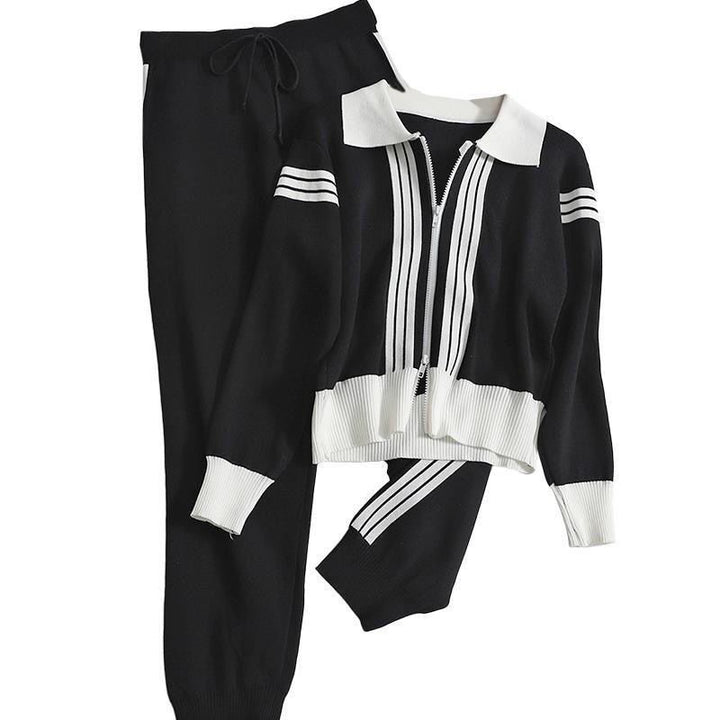 Damen modisches Strick-Loungewear-Set mit Reißverschluss und sportlichen Details Drune