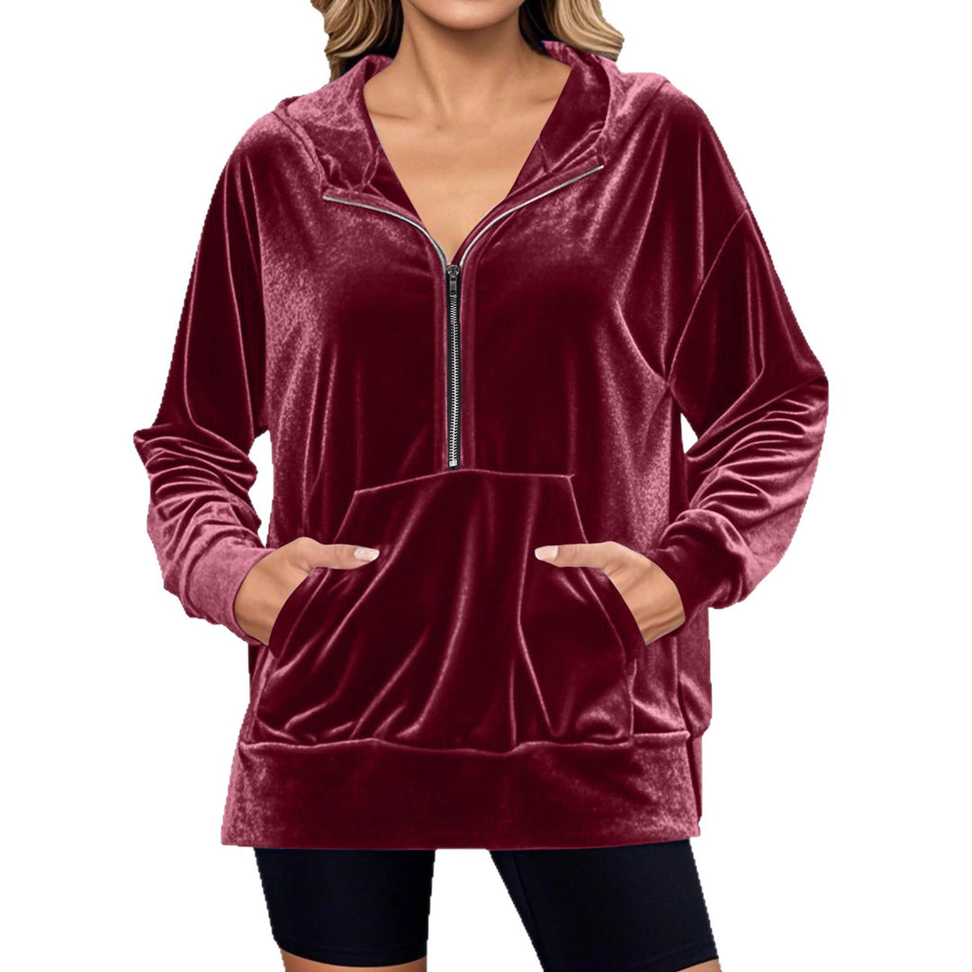 Damen Lässiger Velvet Hoodie mit praktischem Reißverschluss und Kängurutasche Drune