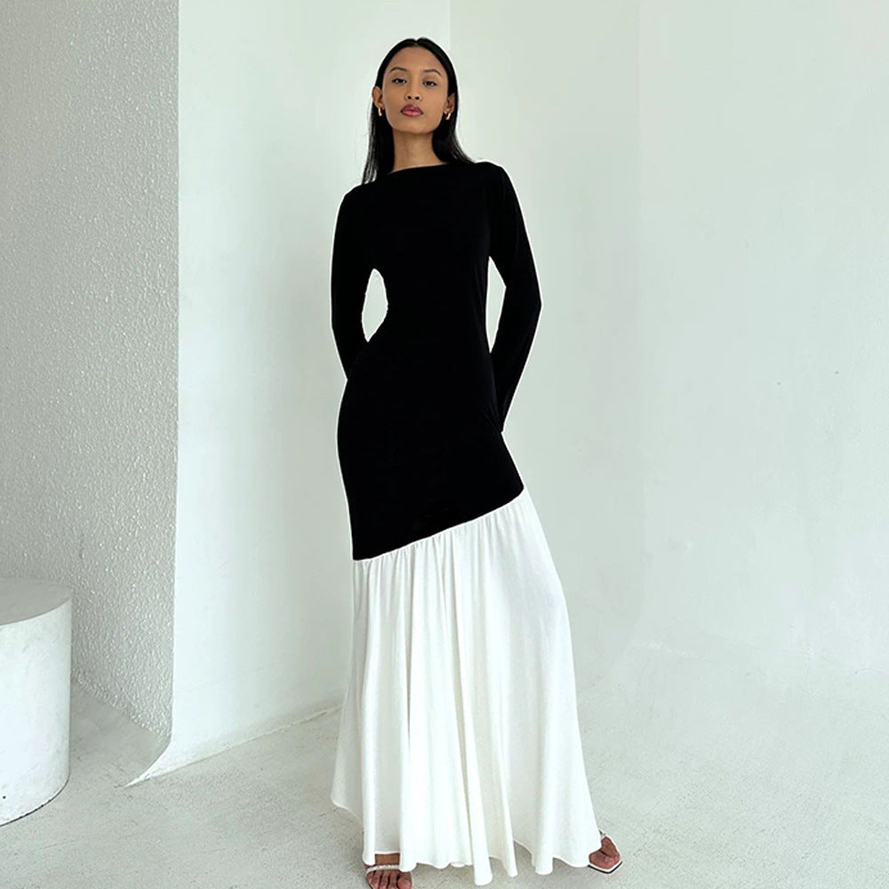 Damen elegantes, asymmetrisches Maxikleid mit langen Ärmeln und farblichen Kontrasten Drune