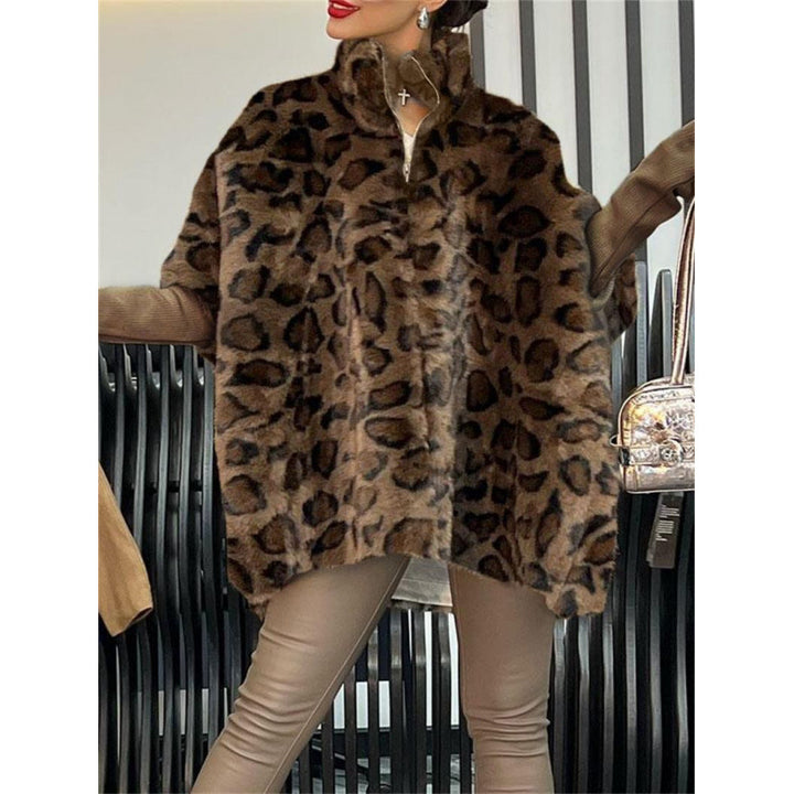 Damen Elegante Plüschjacke mit Leopardenmuster und hohem Kragen Drune