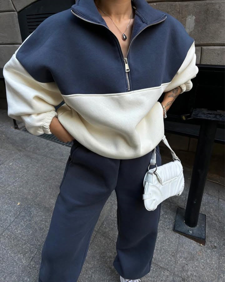 Damen Oversized Zweifarbiges Half-Zip Loungewear-Set mit Stehkragen und weitem Palazzo-Jogger Drune