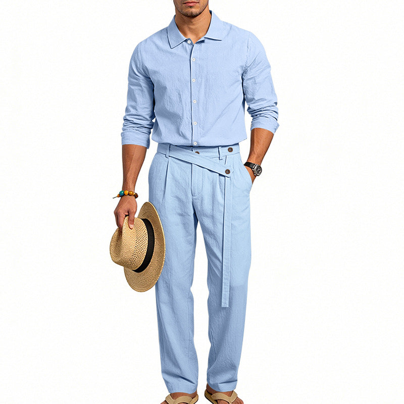 Herren nan eleganter Leinen-Zweiteiler mit Hemd und Hose mit hohem Bund und Bindegürtel Drune