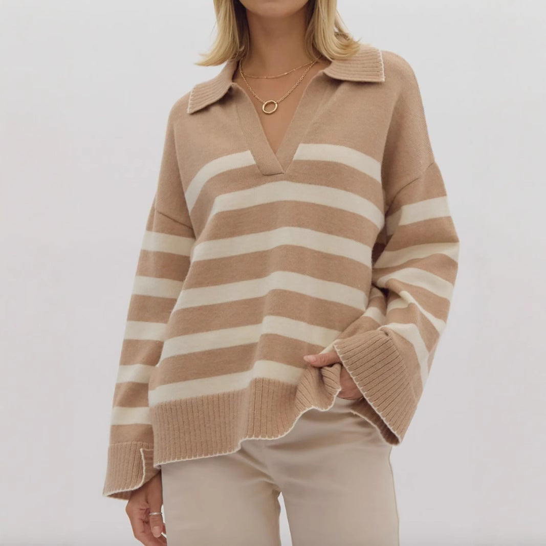 Damen kuschelige Strickpullover mit modernem Streifenmuster und V-Ausschnitt Drune