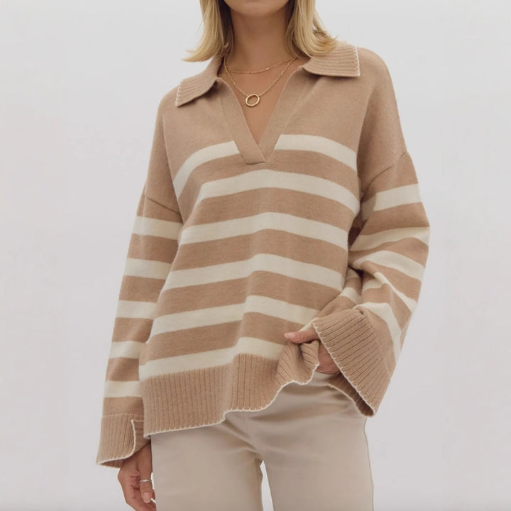 Damen kuschelige Strickpullover mit modernem Streifenmuster und V-Ausschnitt Drune