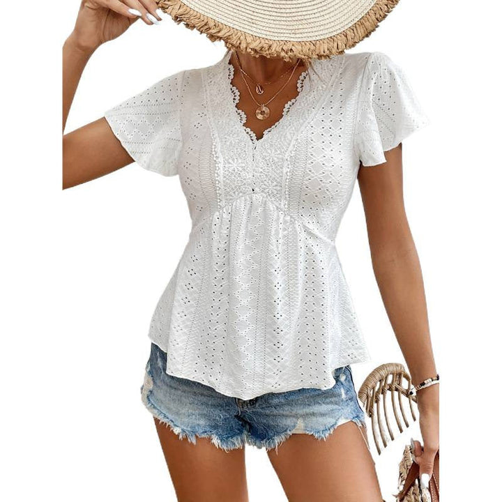 Damen Bluse mit Durchbrochene Spitze und Volantärmel Drune