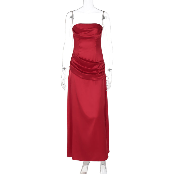 Damen elegantes Maxikleid mit raffiniertem Drapé und schulterfreiem Design Drune