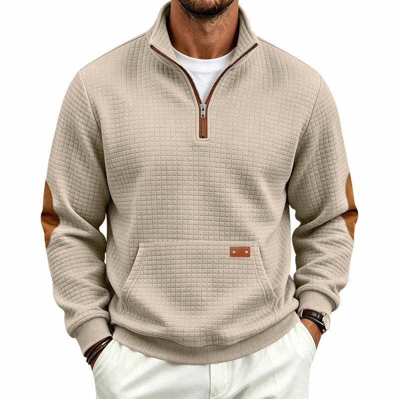 Herren Texturierter Halbzip-Sweat mit Waffelstruktur, Kängurutasche und Leder-Ellbogenbesatz Drune