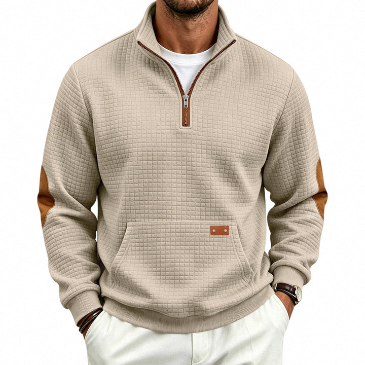 Herren Texturierter Halbzip-Sweat mit Waffelstruktur, Kängurutasche und Leder-Ellbogenbesatz Drune