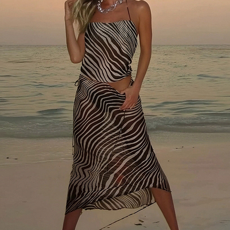 Damen Leichtes Tiermuster Strandkleid mit Verstellbaren Trägern und Fließendem Schnitt Drune