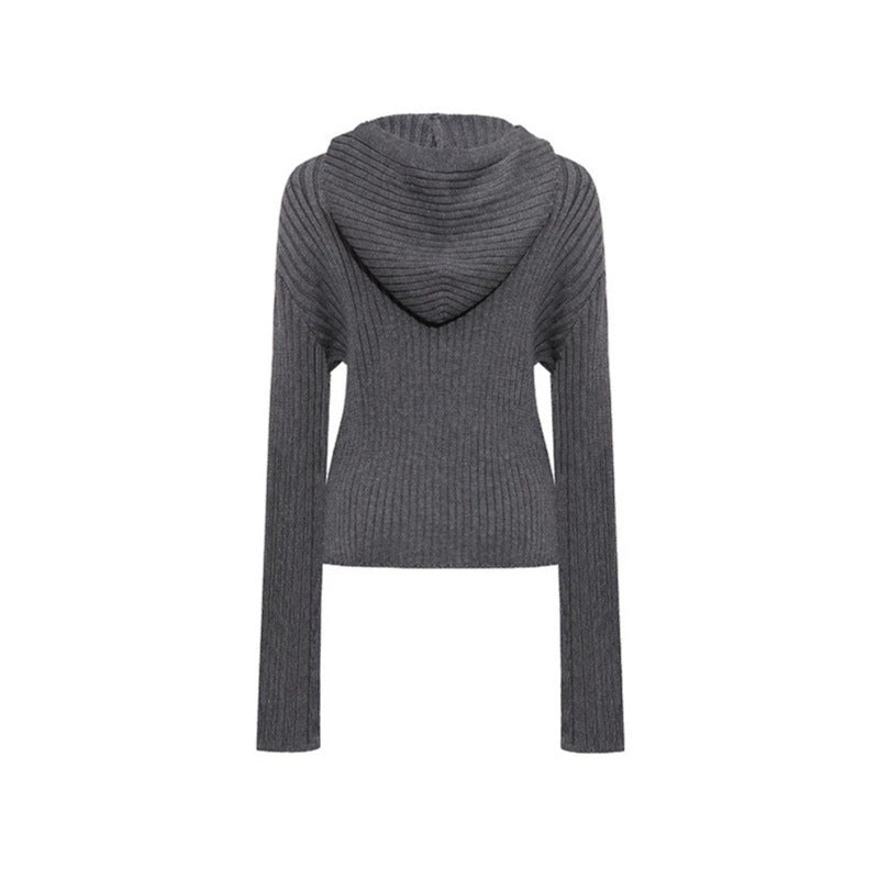 Damen gerippte Kapuzen-Strickjacke mit Reißverschluss, Zierknopfleisten und aufgesetzten Taschen Drune