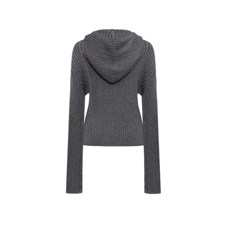 Damen gerippte Kapuzen-Strickjacke mit Reißverschluss, Zierknopfleisten und aufgesetzten Taschen Drune