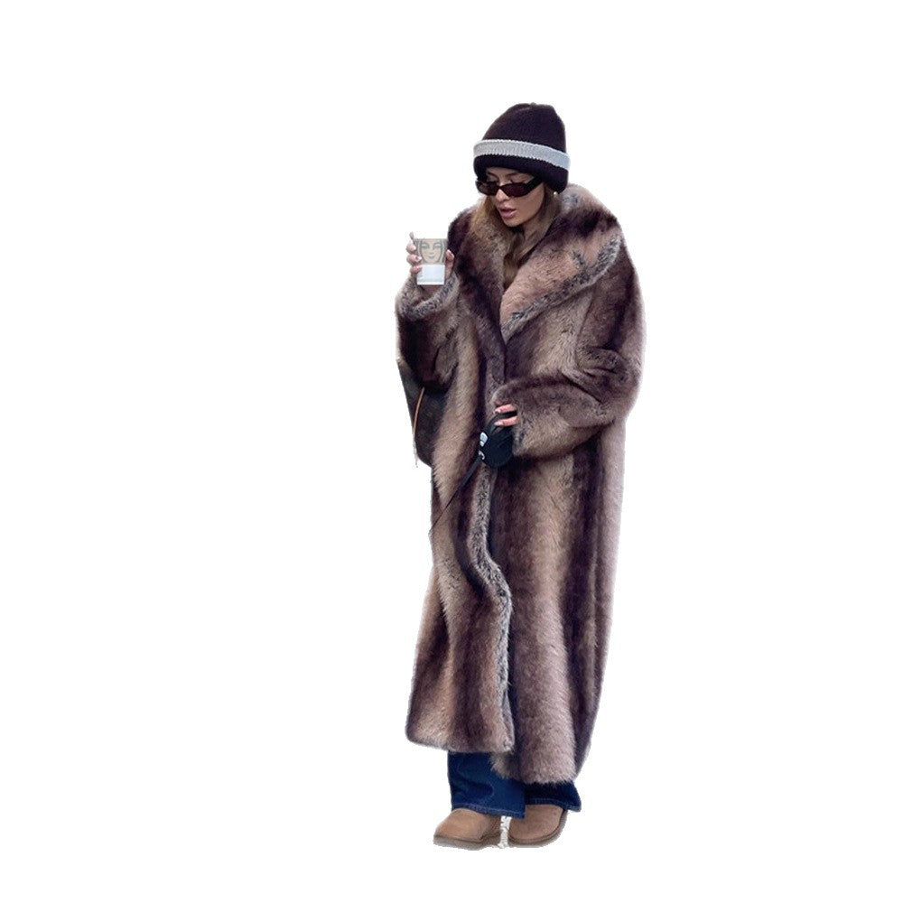 Damen Maxilanger Oversize Kunstfellmantel mit Vintage-Schnitt und weitem Reverskragen Drune