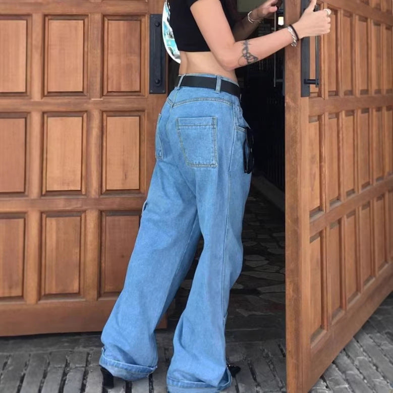 Damen Extraweite Baggy-Jeans mit Cargo-Patches und tiefem Bund Drune