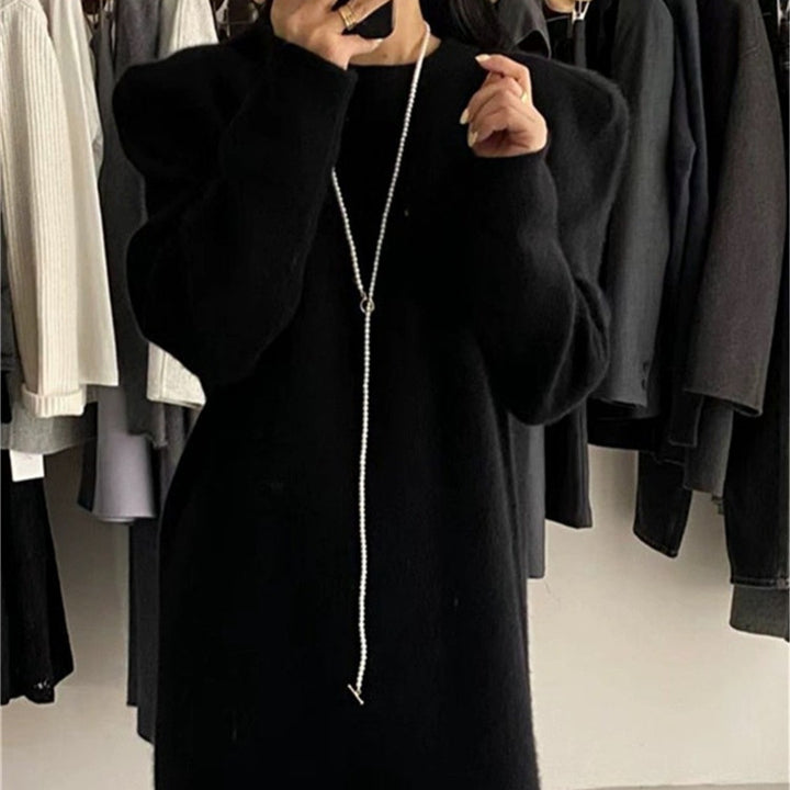 Damen elegantes Strickkleid mit Puffärmeln und Rundhalsausschnitt Drune