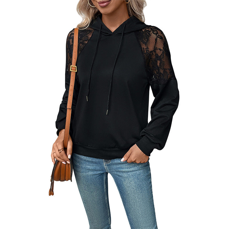 Damen Modischer Hoodie mit Spitzeneinsätzen Drune