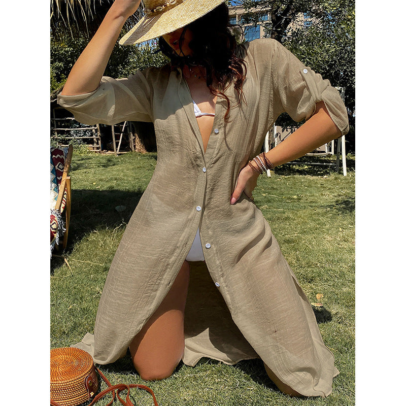 Damen lässiges Sommerkleid mit durchgehender Knopfleiste und seitlichen Taschen Drune