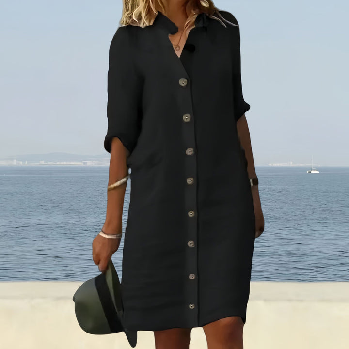 Damen lässiges Leinenkleid mit Knopfleiste und praktischen Taschen Drune