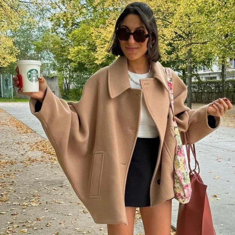 Damen 1200+ oversized Wollmix Kurzjacke mit legerer Silhouette und verdeckter Knopfleiste Drune