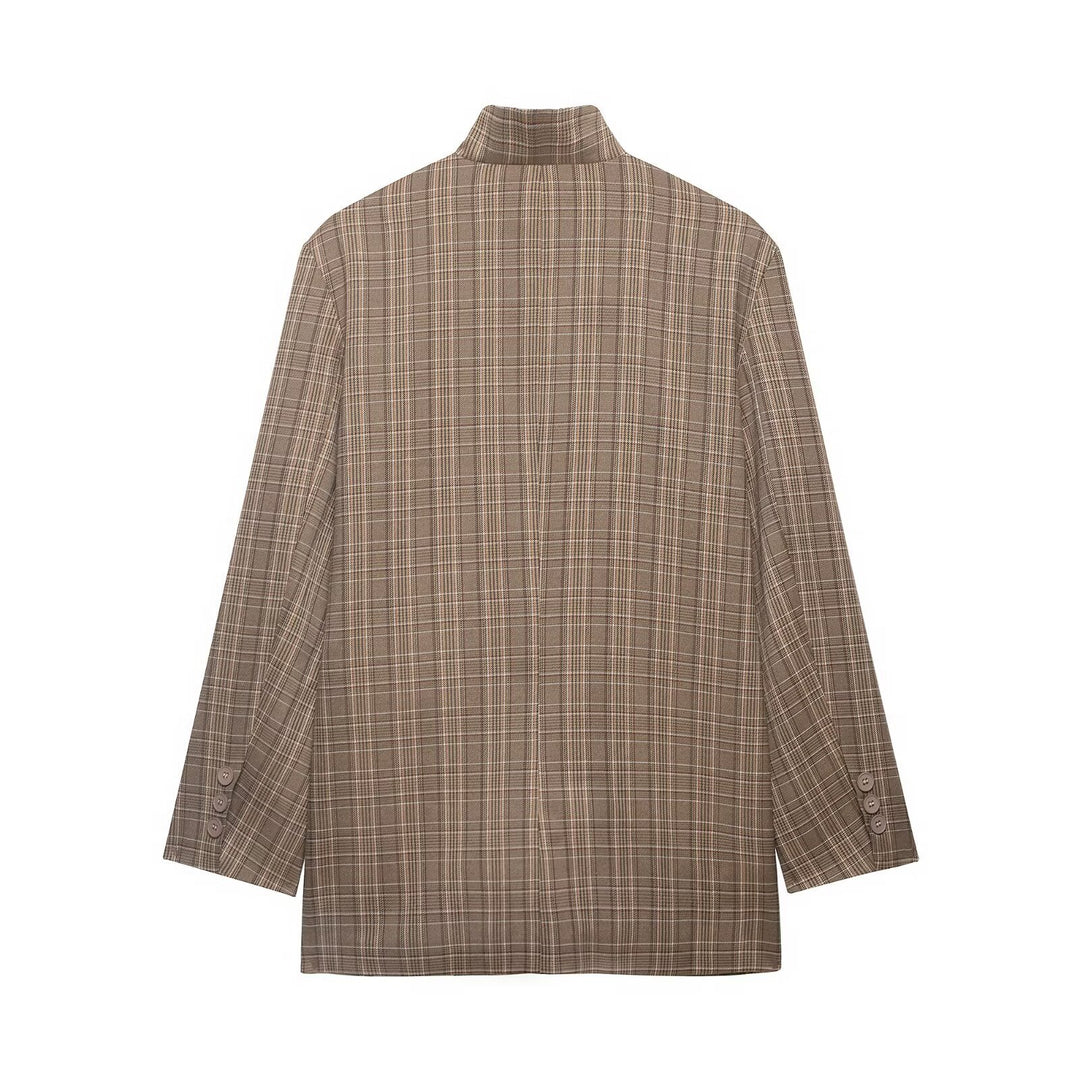 Damen Oversized Glencheck-Blazer mit Stehkragen und asymmetrischer Knopfleiste Drune