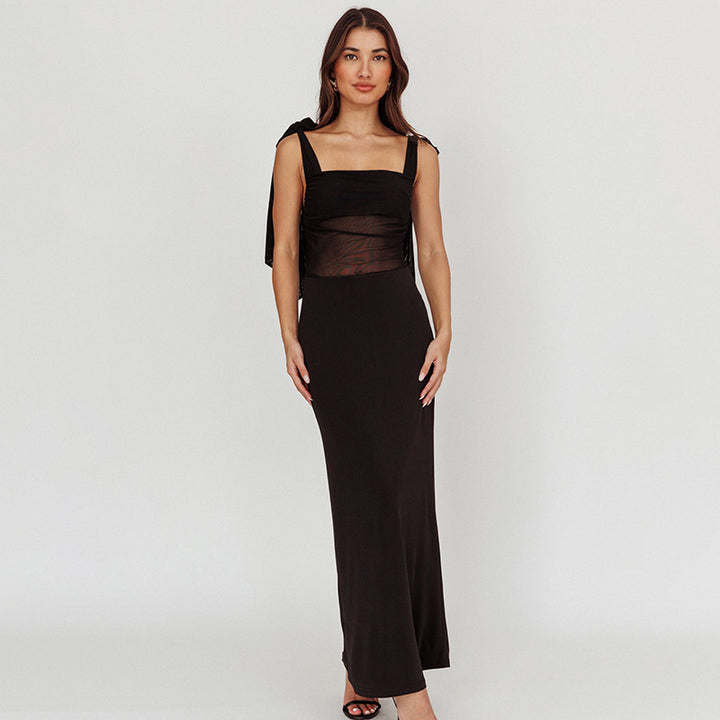 Damen elegantes Maxikleid mit transparenter Spitze und Schulterbändern Drune