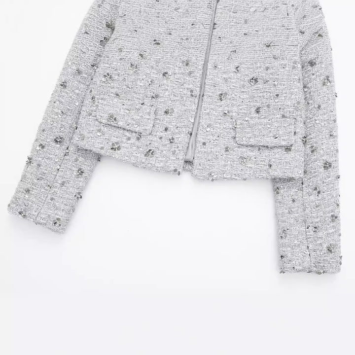 Damen nan kurz geschnittene Bouclé‑Tweedjacke mit floraler Pailletten‑Applikation und offener Front Drune