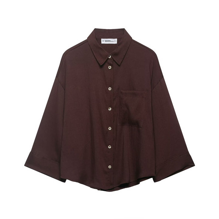 Damen Oversized Hemdbluse mit überschnittenen Schultern, dreiviertelärmeln und Brusttasche Drune