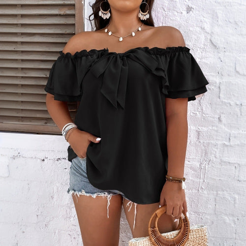 Damen Off-Shoulder Oberteil mit Schleifen-Details und Rüschensäumen Drune