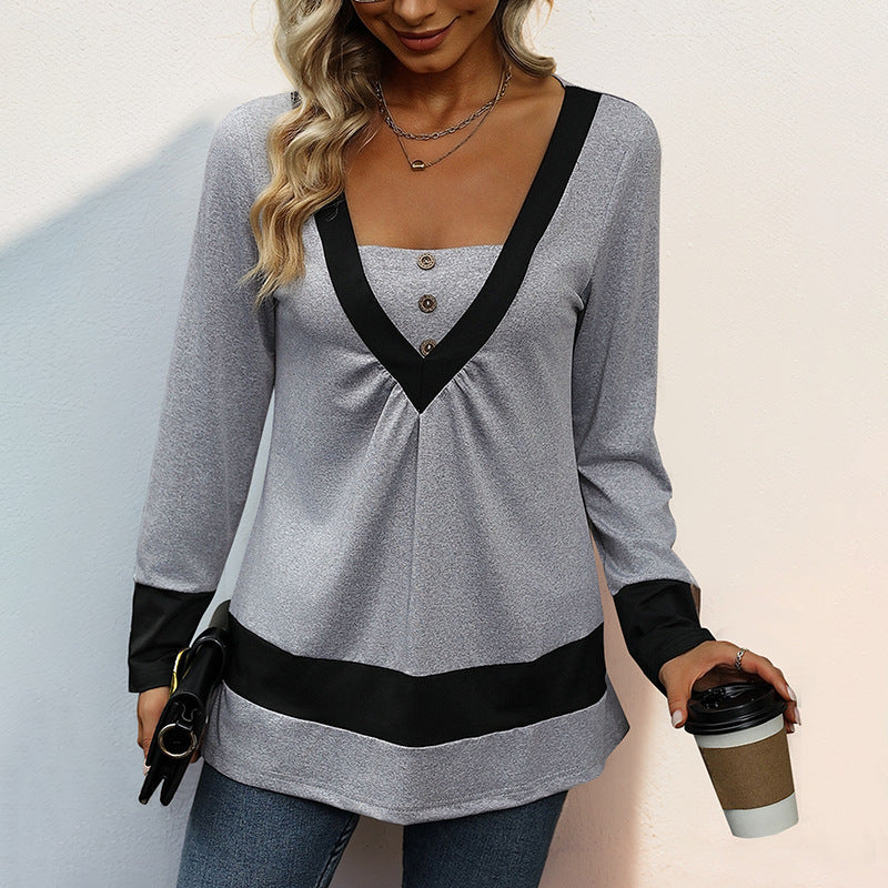 Damen Longsleeve mit tiefem V-Ausschnitt, Zierknopfleiste und Kontrastbordüren Drune