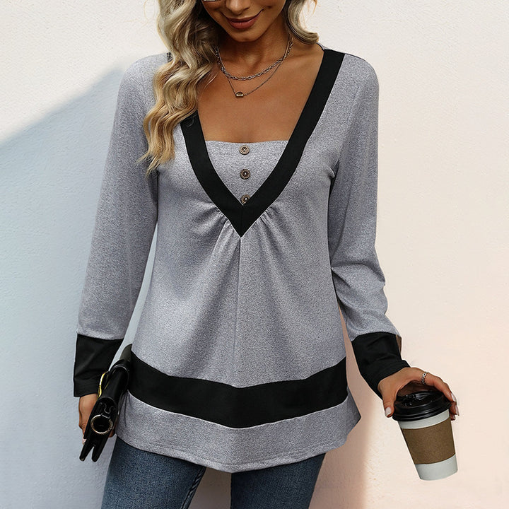 Damen Longsleeve mit tiefem V-Ausschnitt, Zierknopfleiste und Kontrastbordüren Drune
