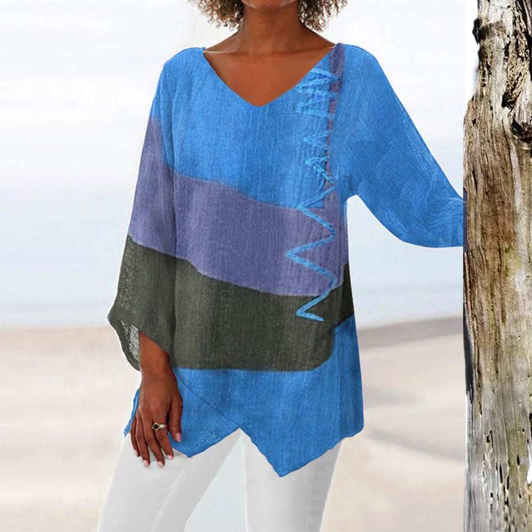 Frauen Casual A-Linien Leinenlook Tunika mit Farbblockstreifen und V-Ausschnitt Drune