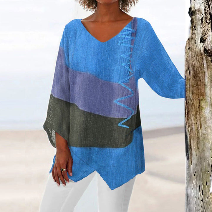 Frauen Casual A-Linien Leinenlook Tunika mit Farbblockstreifen und V-Ausschnitt Drune