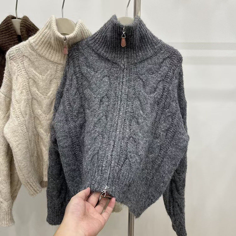 Damen Grobstrickpullover mit hohem Kragen und dekorativem Reißverschluss Drune