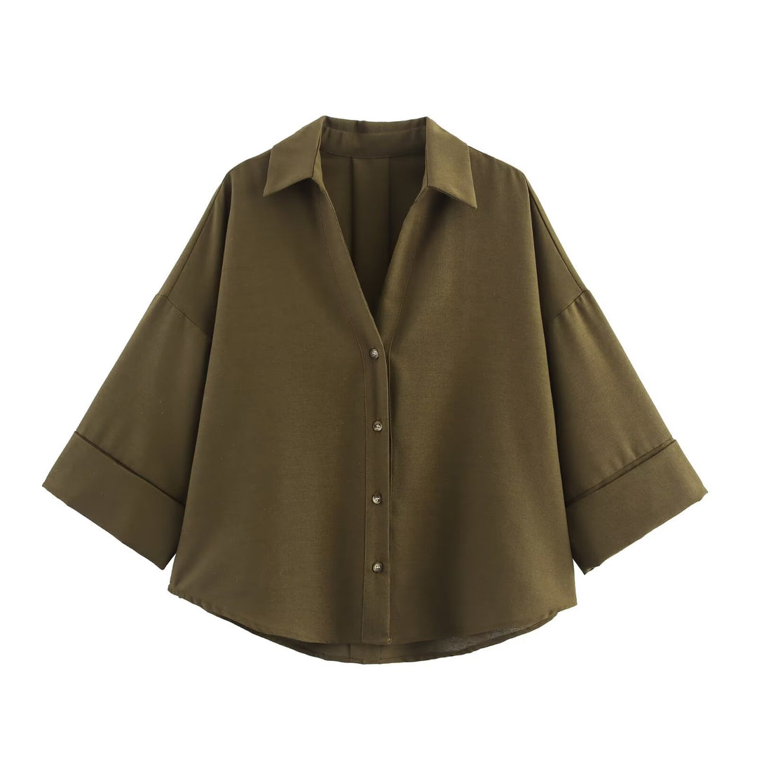 Damen nan lockere oversized Hemdbluse mit weitem Kragen und Dreiviertelärmeln Drune