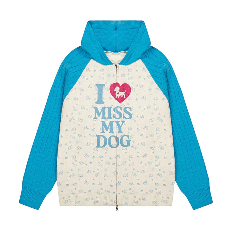 Damen Kapuzen‑Strickjacke mit durchgehendem Reißverschluss, gerippten Ärmeln und Hunde‑Statement‑Print Drune
