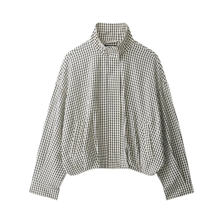 Damen Karierter Cropped-Boxy-Blouson mit Stehkragen und Eingrifftaschen Drune