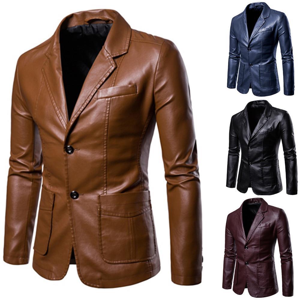 Herren nan schlanker Lederblazer mit Reverskragen und aufgesetzten Taschen Drune