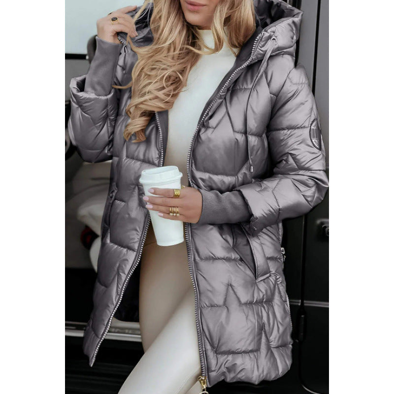 Damen Longline Steppjacke mit abnehmbarem Kapuzenfutter und seitlichen Reißverschlusstaschen Drune